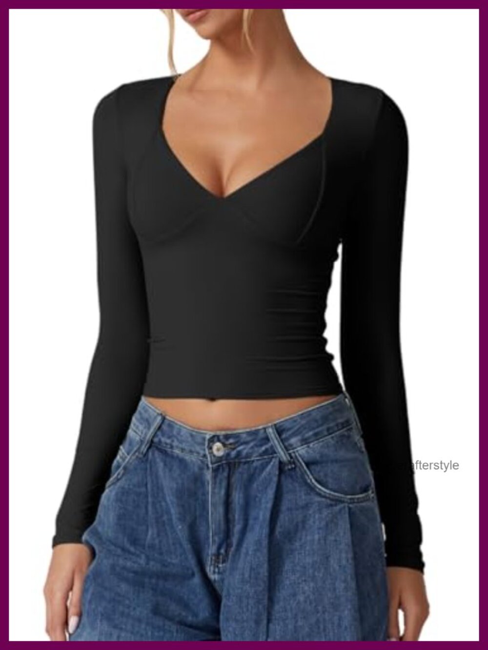 QINSEN Women's Long Sleeve V Neck Double Lined Crop Top Seamed Cup Going Out T